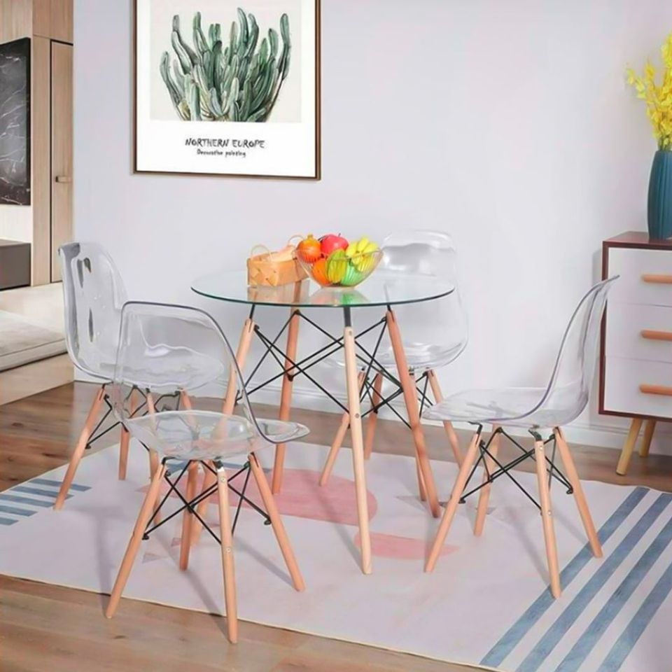 Comedor Vidrio 80cm - 4 Sillas Transparentes