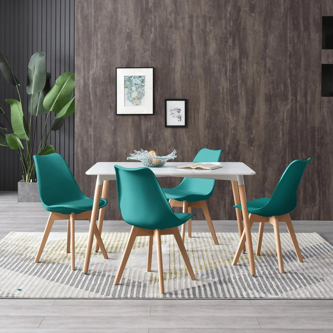 Comedor Eeames Rectangular Blanca 120x80 + Sillas 4 Tulip Acolchadas
