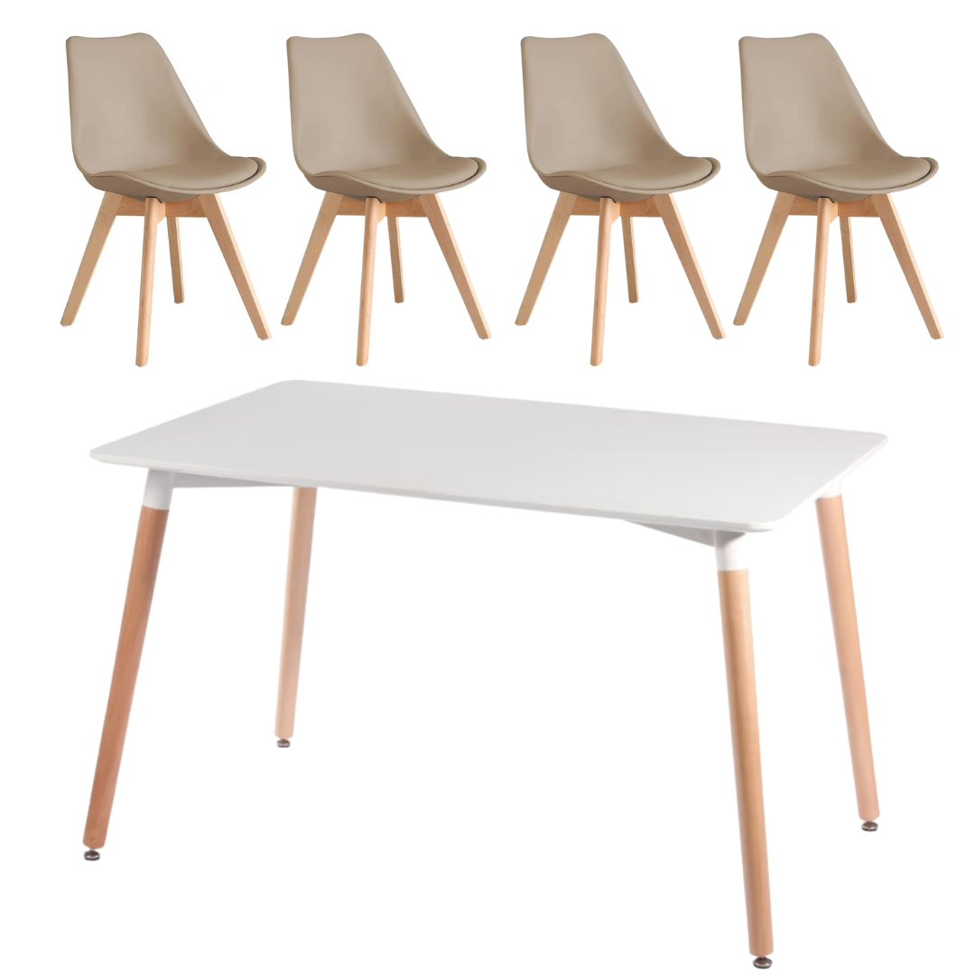 Comedor Eeames Rectangular Blanca 120x80 + Sillas 4 Tulip Acolchadas