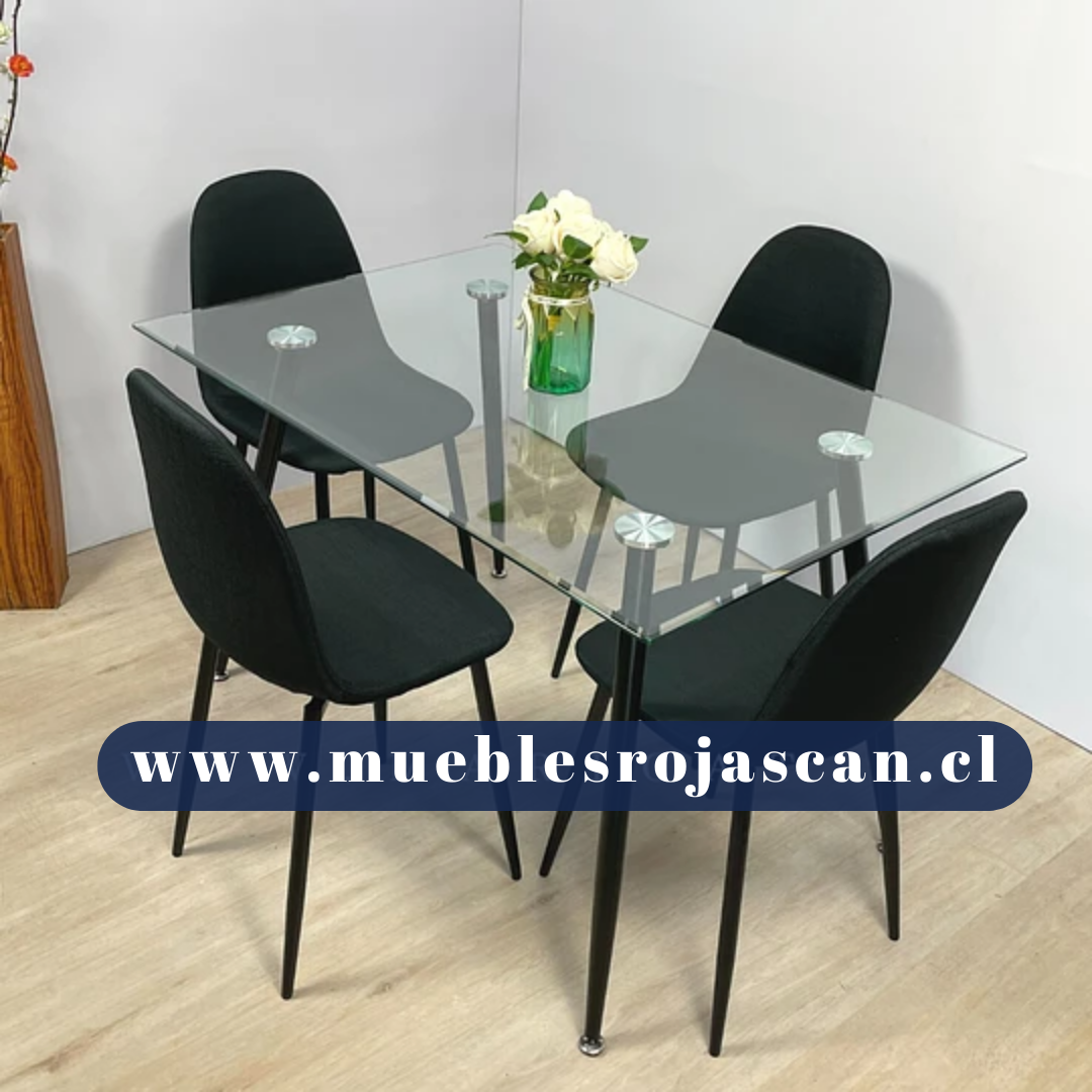 Comedor Vidrio 120x80cm - 4 Sillas Cooper Negras/Cafe